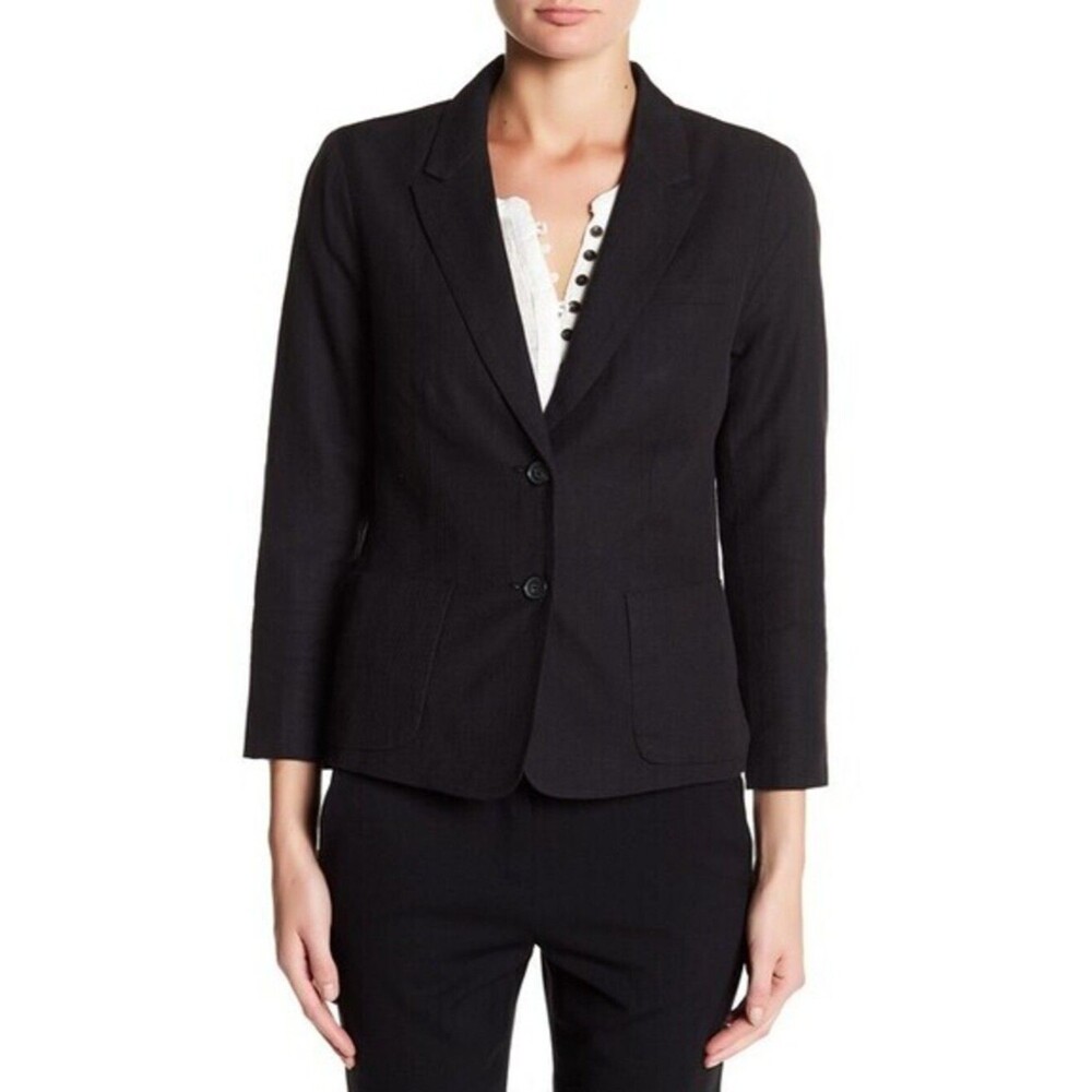 Lucky Brand Womens Patch Pocket Blazer Jacket Linen Blend Black Size 12 - Picture 1 of 8